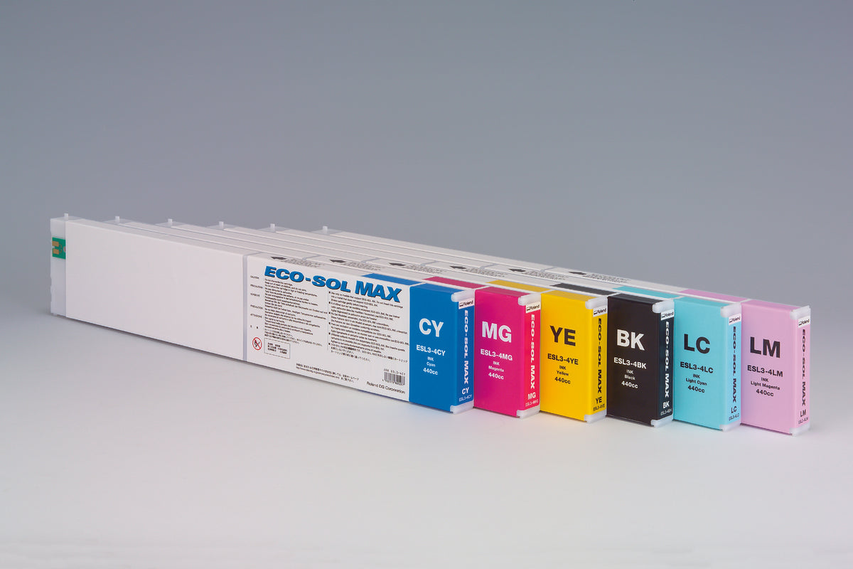 Set of ink cartridges with labels on a light gray background