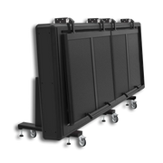 Black portable screen on wheels with a white background