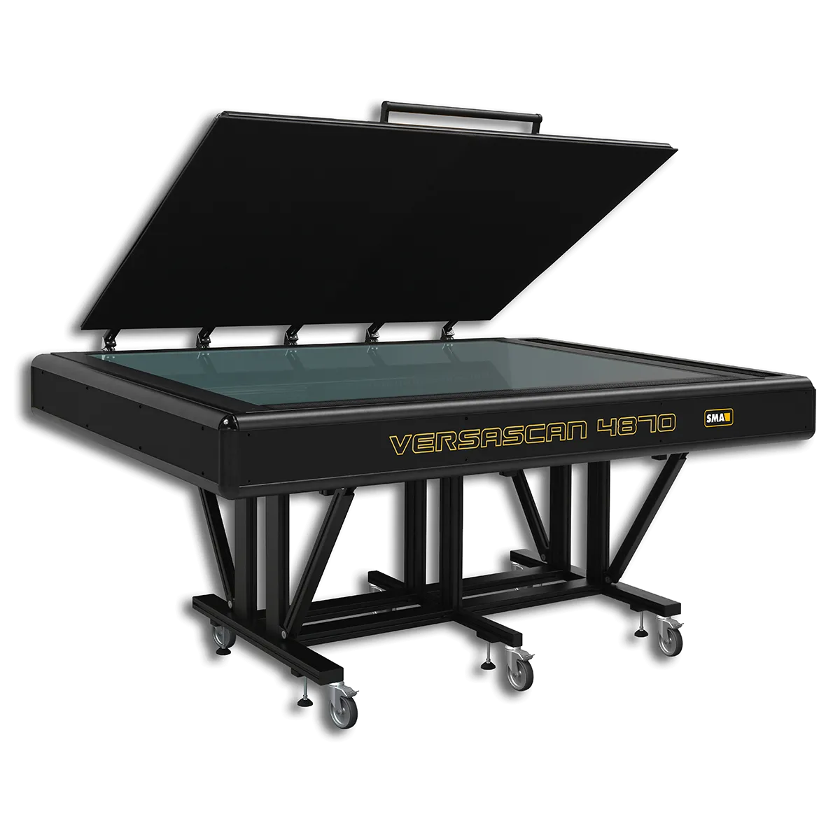 Black scanning table with open lid on a white background
