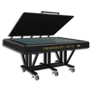 Black scanning table with open lid on a white background