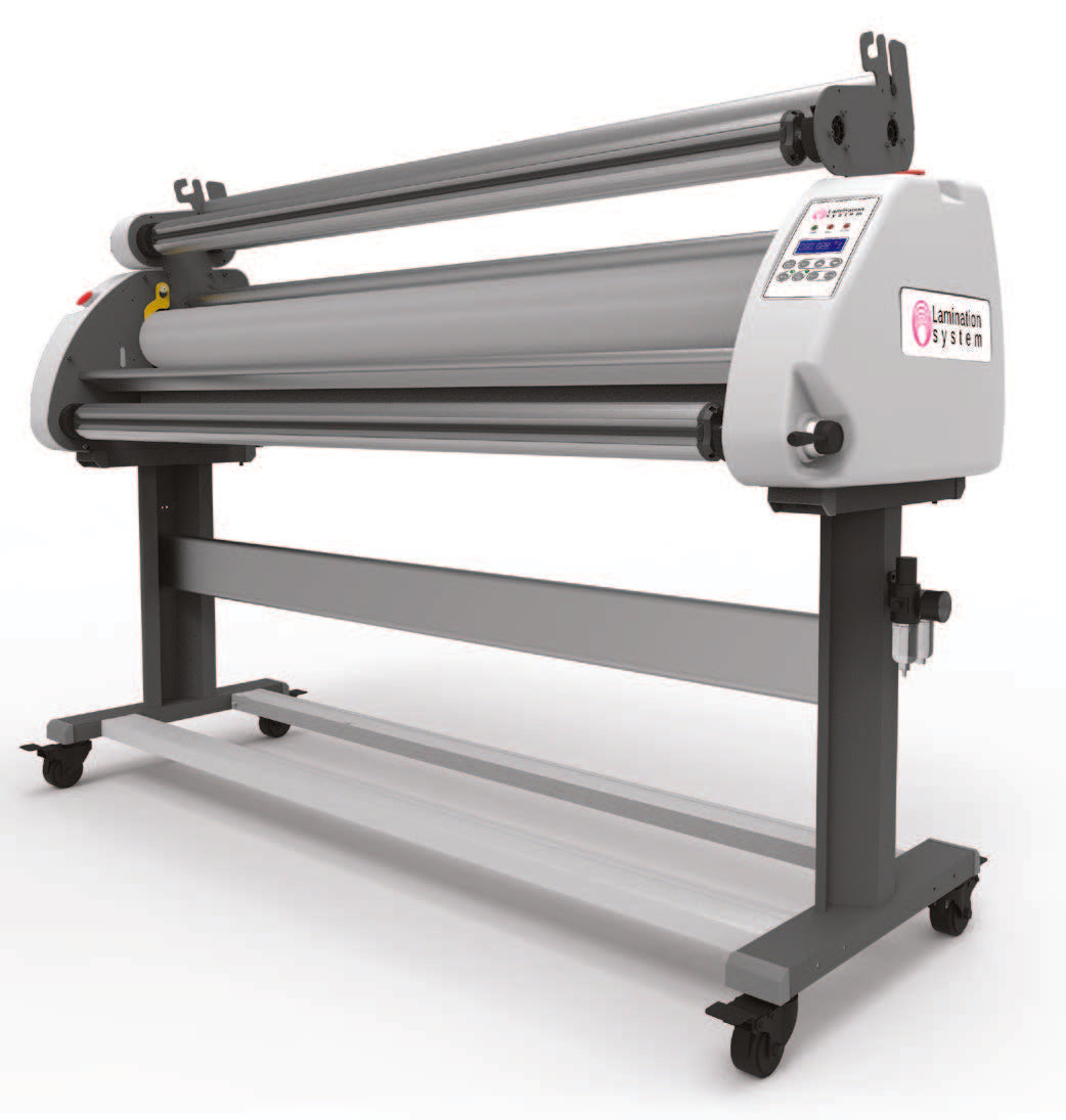 A wide format laminator machine with a gray body, black and silver accents, and a heavy-duty stand with castors.