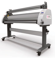 A wide format laminator machine with a gray body, black and silver accents, and a heavy-duty stand with castors.