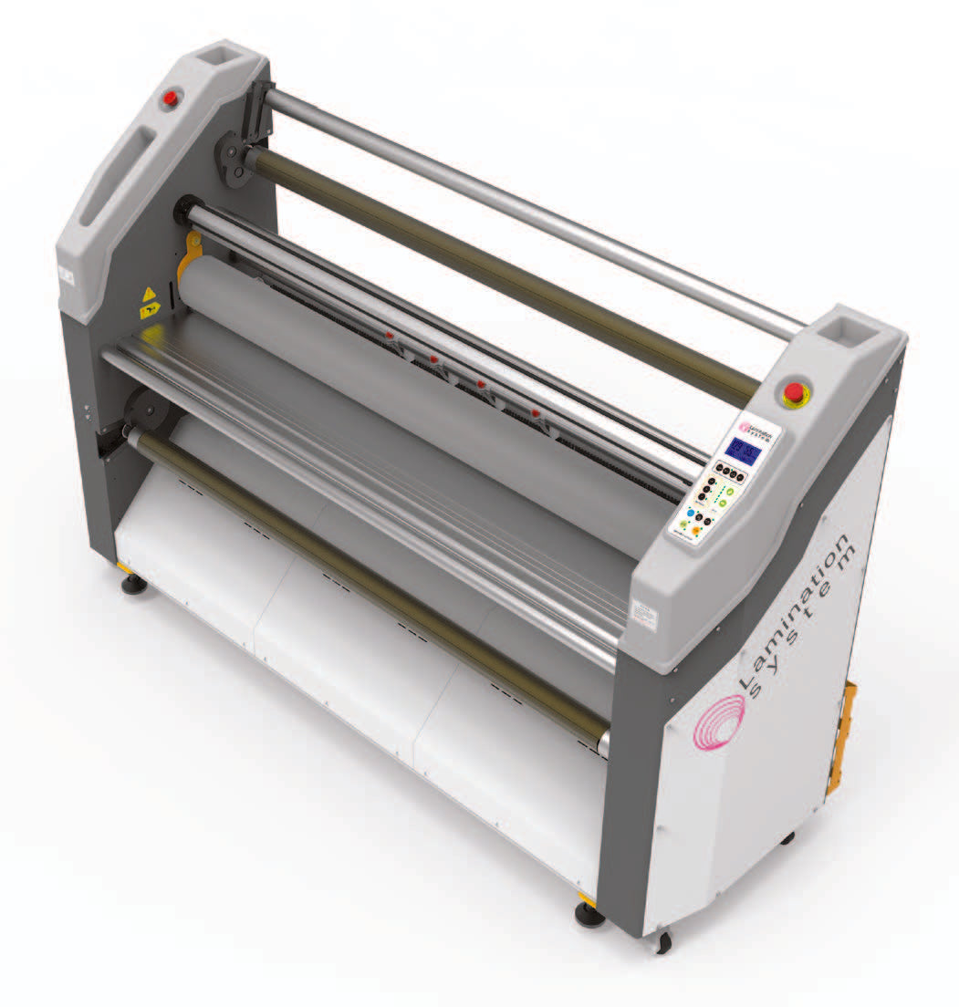A professional wide format laminator machine, the Sign Master 1700 AG, with a gray body, silicone rollers, and control panel.
