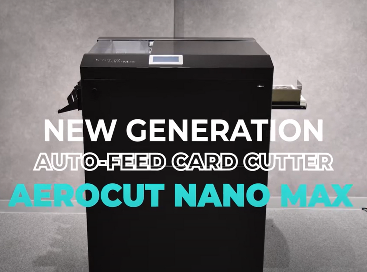 The image shows the UCHIDA AeroCut Nano Max, an auto-feed card and feed card cutter, in a gray color with a digital display on top.