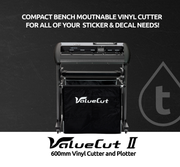 A black Mutoh ValueCut II 600mm vinyl cutter and plotter with text detailing its features, placed on a textured dark background with a logo and a tear-off tab.