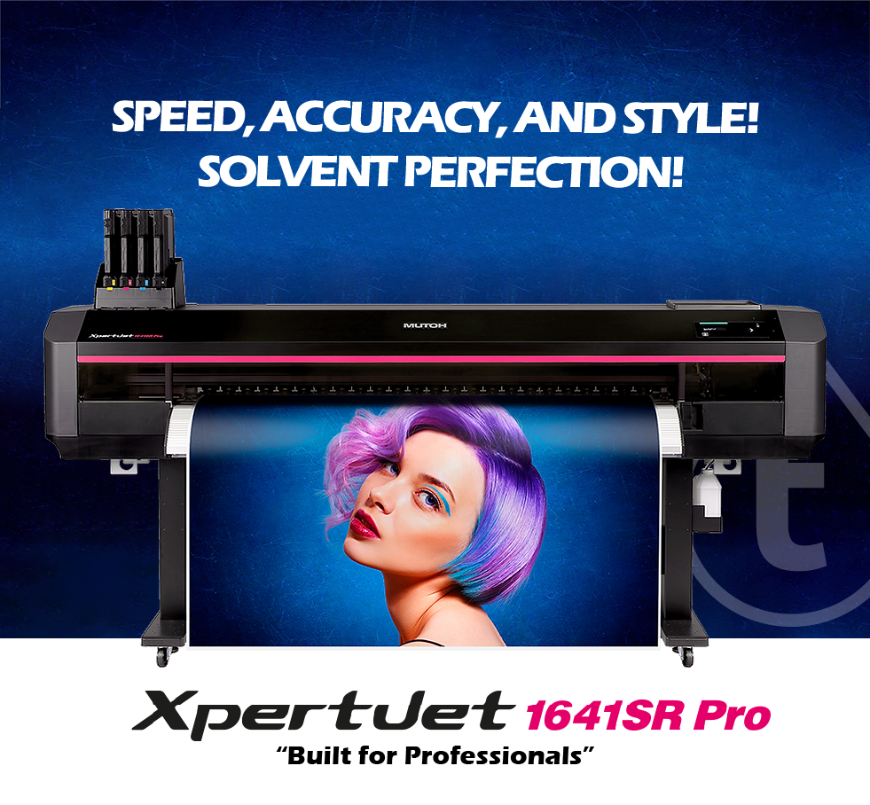 Mutoh XpertJet 1641SR PRO Eco-Solvent 64" Large Format Printer featuring a single print head, with a image of a woman with purple hair on the display screen, indicating speed, accuracy, and style! Solvent perfection! Built for professionals.