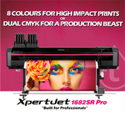 A large format Mutoh XpertJet 1682SR PRO Eco-Solvent printer with dual CMYK inks, featuring a print head configuration and a colorful graphical output sample on its media. The background is pink with the text '8 Colors for High Impact Prints or Dual CMYK for a Production Beast' and the XpertJet branding.