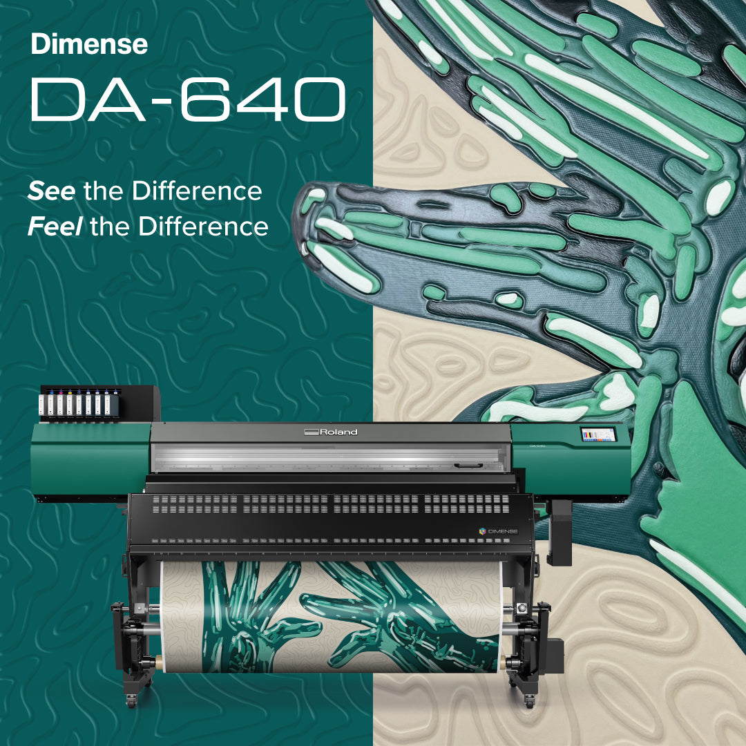 Roland Dimense DA-640 printer with artistic design on a green and beige background
