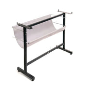 Black metal stand with a white fabric backdrop on a white background