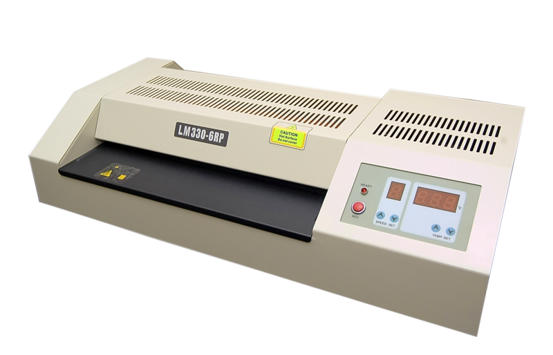 A3 Commercial Pouch Laminator with a beige casing, showing digital display controls and a black roller mechanism.