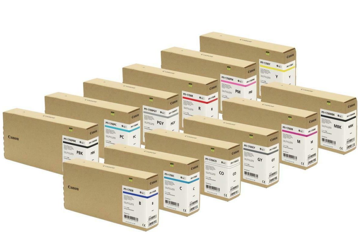 A set of Canon PFI-1700 Lucia PRO ink cartridges in various colors.