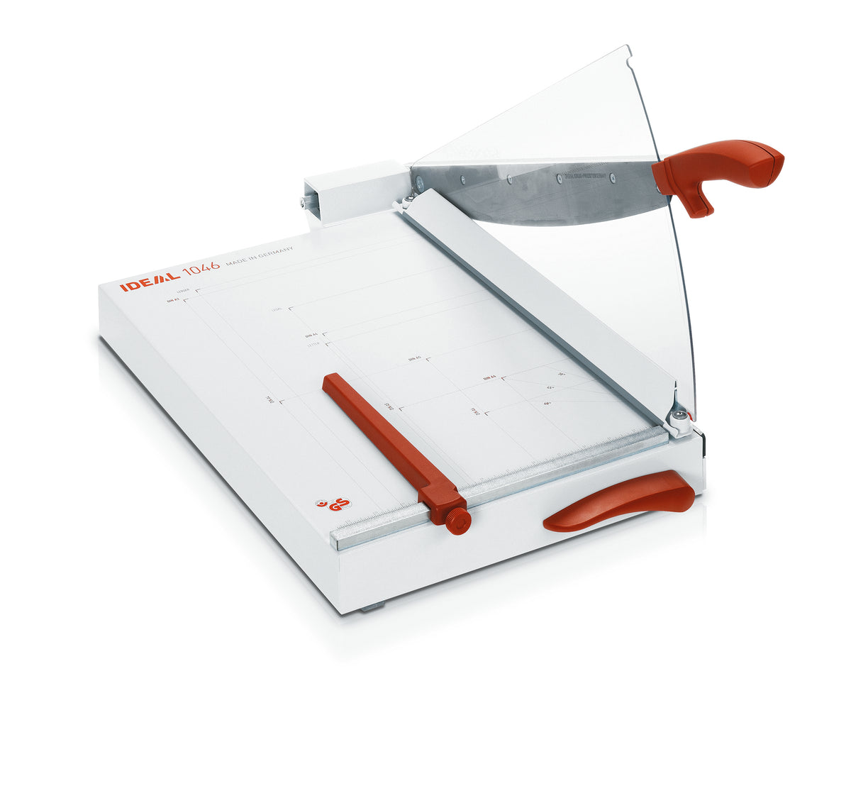 Manual guillotine with a white body, red handles, and a metal blade, designed for paper cutting.