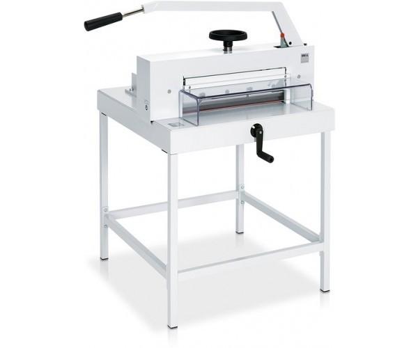 A heavy duty manual guillotine with stand, predominantly white in color, with transparent safety guards and a hand crank.
