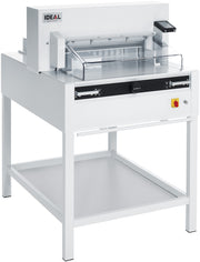 A professional white IDEAL 5255 programmable guillotine with a transparent safety guard, LED optical cutting line, and a touch pad for operation.