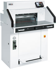 IDEAL 5560 Hydraulic Guillotine paper cutter machine with a digital touch pad on top, primarily in white and black colors.