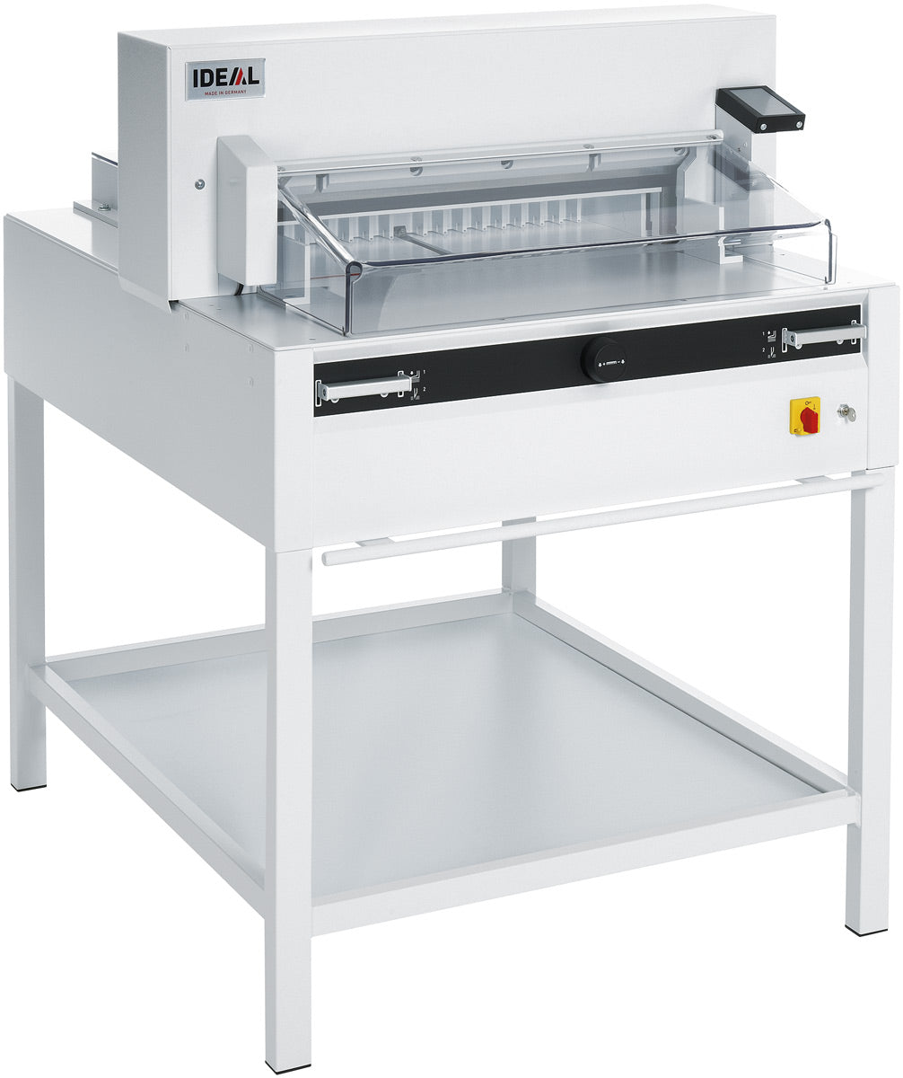 IDEAL 6655 Electric & Programmable Guillotine on a white stand with a clear glass window, featuring a control panel and safety lock.
