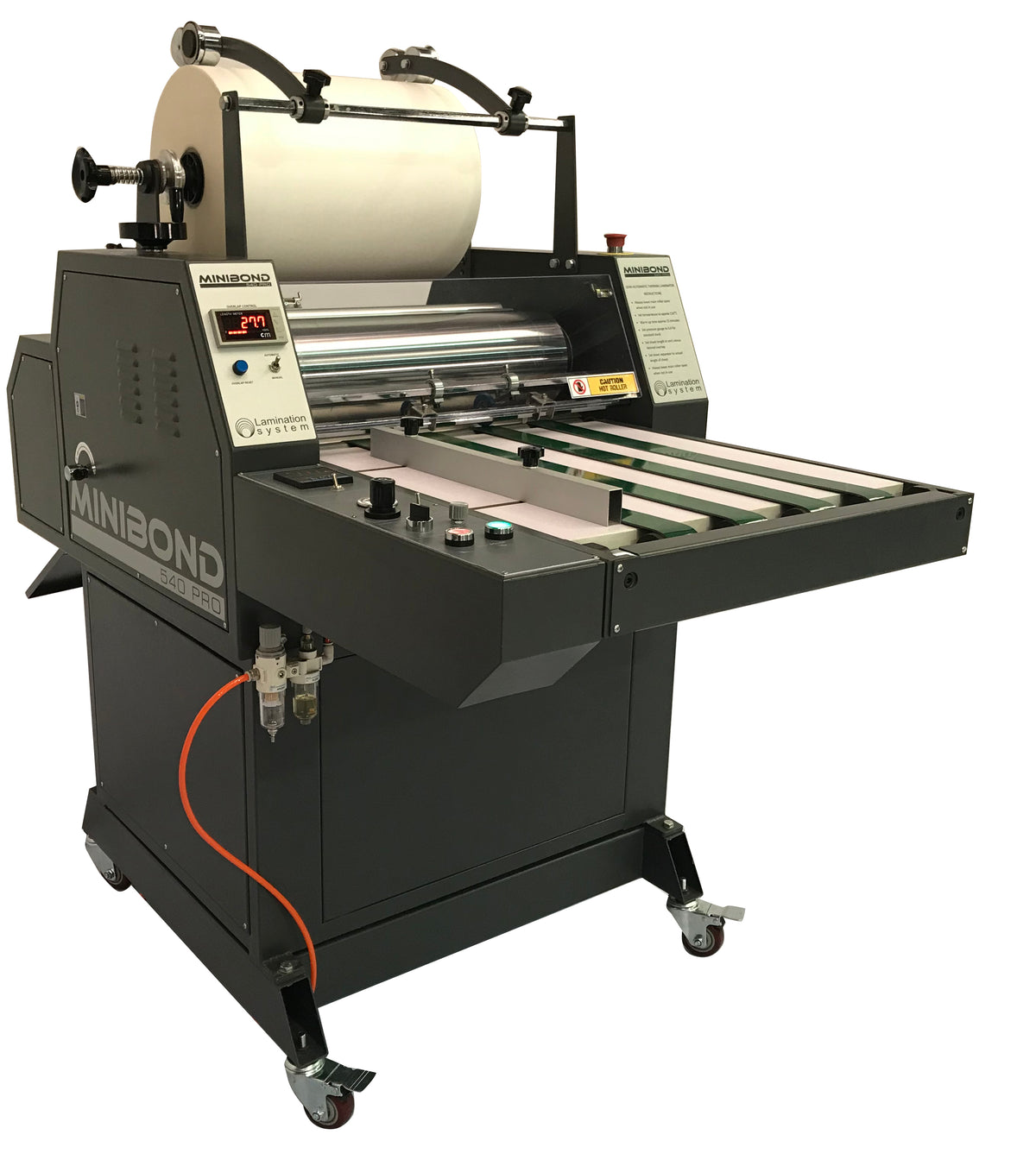 A MiniBond 540 PRO Semi-Automatic Laminator machine, predominantly black in color, with visible controls and an open film roll compartment.