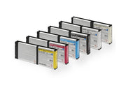 A set of Mutoh ValueJet US11 UV ink cartridges in various colors including black, cyan, magenta, yellow, and light colors.