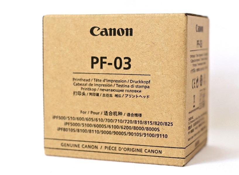 A boxed Canon imagePROGRAF printhead, model PF-03, in its brown packaging with branding and model details visible.